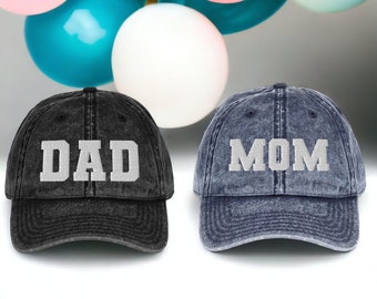 Mom & Dad Embroidered Dad Hat Cap, Pregnancy Baby Announcement Gift Mom Dad to Be, Washed Out Vintage Baseball Cap Father's Day Mother's Day
