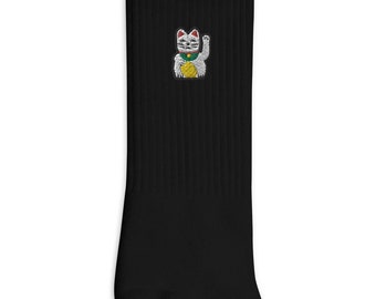 Lucky Cat Embroidered Socks, Premium Embroidered Socks, Long Socks Gift - Multiple Colors