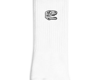 Embroidered T-Rex Skull Socks, USA Made Cotton Blend