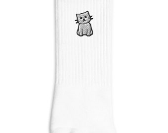 Cat Embroidered Cotton Blend Socks, USA Made