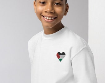 Kids Free Palestine Flag Heart Embroidered Unisex Sweatshirt, Unisex Youth Free Palestine Sweatshirt, Children's Palestine Sweater, GAZA