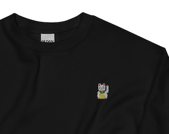 Embroidered Lucky Cat Sweatshirt: Unisex Maneki-neko Pullover