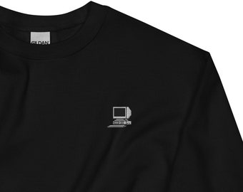 Bluza z haftowanym motywem komputera w stylu retro: Sweter z okrągłym dekoltem w stylu retro PC