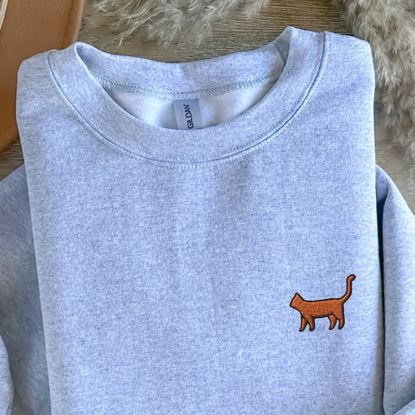 Orange Cat Embroidered Sweatshirt, Orange Tabby Cat Sweater, Premium Crewneck, Handmade Long Sleeve Unisex Sweater - Multiple Colors