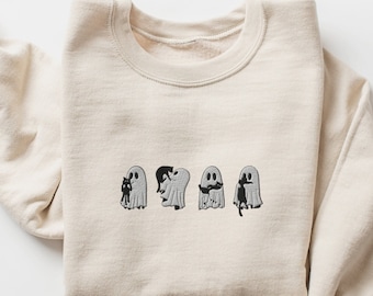 Embroidered Ghost Sweatshirt with Black Cats | Halloween Spooky Season Cat Sweater | Cute Fall Apparel