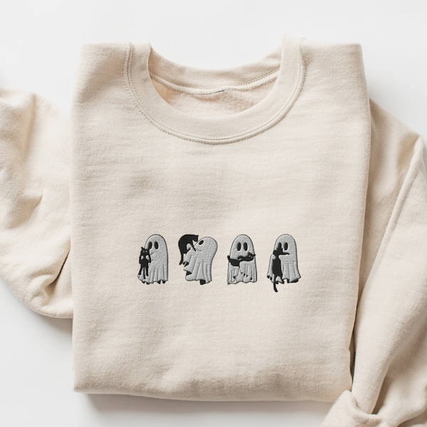 Sudadera con bordado de fantasmas: gatos negros de Halloween, temporada espeluznante