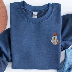 Embroidered Ghost Coffee Sweatshirt: Spooky Halloween Sweater
