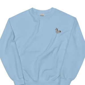 May include: A light blue sweatshirt with a small embroidered image of a unicorn riding a pool float.