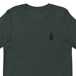 May include: A dark green t-shirt with a small black and blue graphic of a smart speaker on the front.