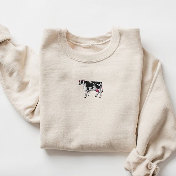 Embroidered Cow Sweatshirt Gift, Cow Lover Crewneck Sweater Gift, Farm Animal Sweatshirt, Cattle Lover Crewneck Sweater Gift Farm Animal