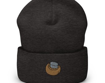 Cooking Mushroom Embroidered Beanie, Handmade Cuffed Knit Unisex Slouchy Adult Winter Hat Cap Gift