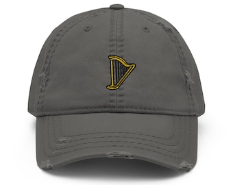 Harp Embroidered Distressed Dad Hat, Frayed Cap Gift