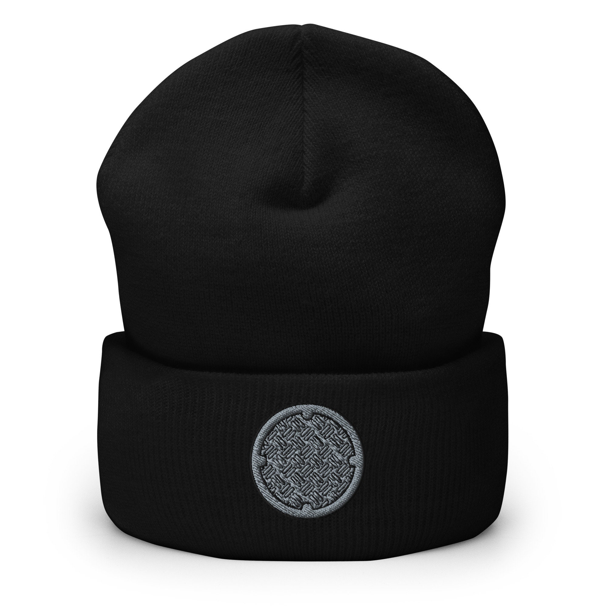 Sewer Manhole Cover Embroidered Beanie, Handmade Cuffed Knit Unisex Slouchy Adult Winter Hat Cap Gift