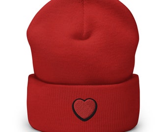 Heart Embroidered Beanie, Handmade Cuffed Knit Unisex Slouchy Adult Winter Hat Cap Gift