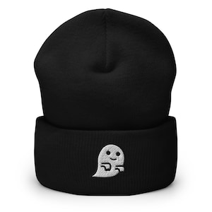 Cute Ghost Embroidered Beanie, Handmade Cuffed Knit Unisex Slouchy Adult Winter Hat Cap Gift
