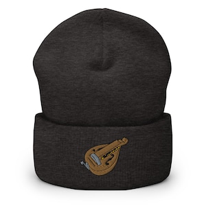 Hurdy Gurdy Instrument Embroidered Beanie, Handmade Cuffed Knit Unisex Slouchy Adult Winter Hat Cap Gift