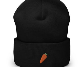 Carrot Embroidered Beanie, Handmade Cuffed Knit Unisex Slouchy Adult Winter Hat Cap Gift