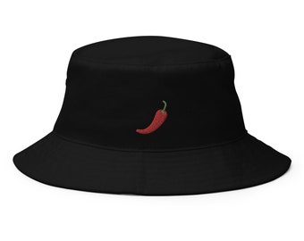 Red Chili Pepper Embroidered Bucket Hat, Handmade Unisex Adult Cotton Sun Hat, Summer Hat Gift