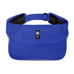 May include: A royal blue visor with a black and white embroidered image of a vintage arcade game.