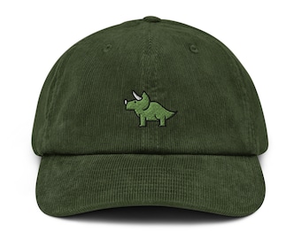 Triceratops Corduroy Hat, Handmade Embroidered Corduroy Dad Cap - Multiple Colors