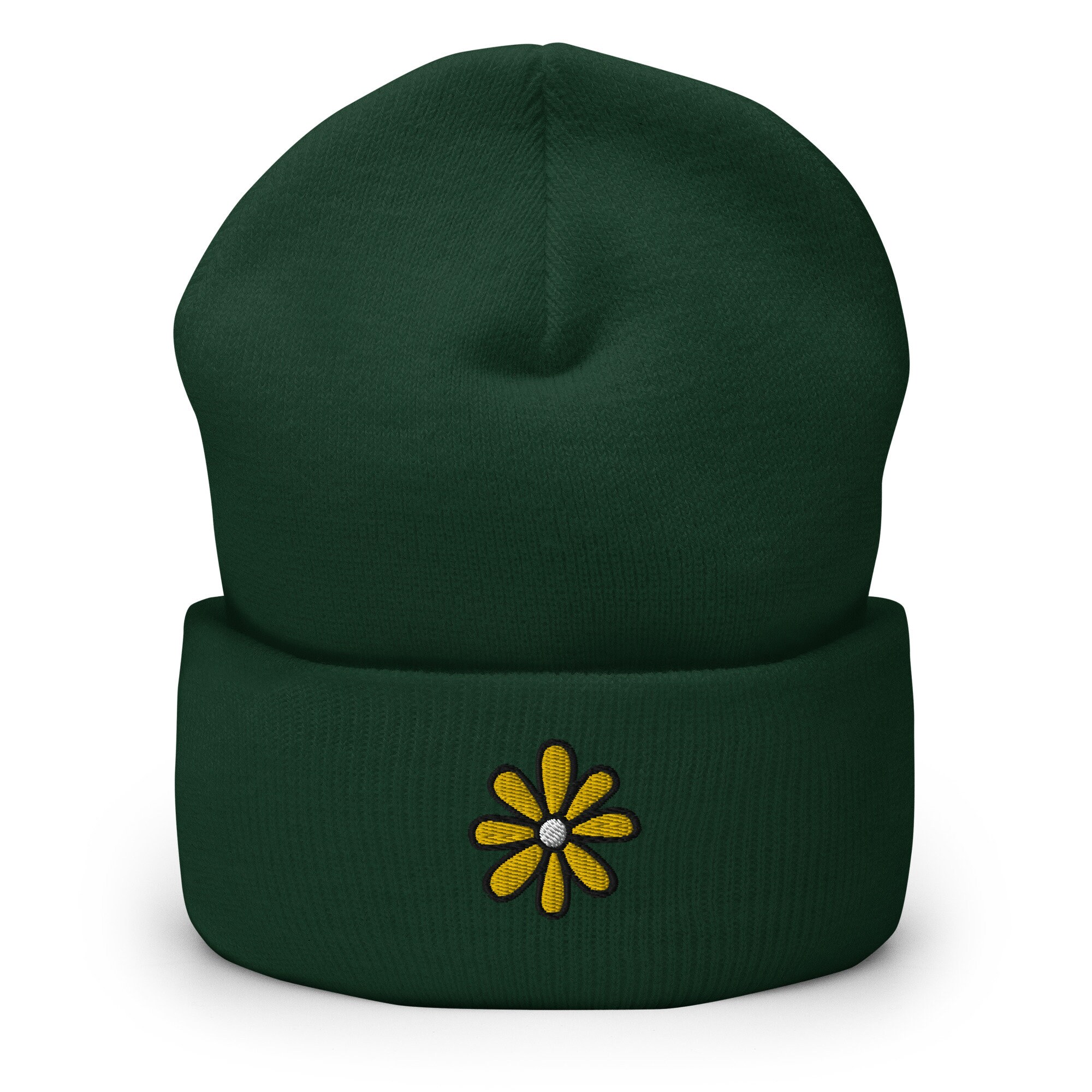Daisy Flower Embroidered Beanie, Handmade Cuffed Knit Unisex