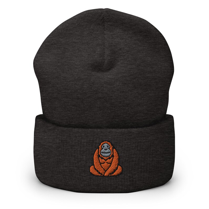 Orangutan Great Ape Great Ape Embroidered Beanie, Handmade Cuffed Knit Unisex Slouchy Adult Winter Hat Cap Gift Dark Grey