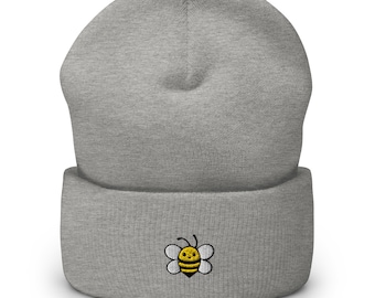 Embroidered Bee Beanie, Cuffed Knit Winter Hat