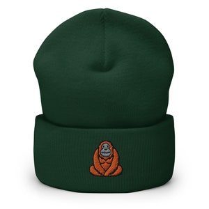 Orangutan Great Ape Great Ape Embroidered Beanie, Handmade Cuffed Knit Unisex Slouchy Adult Winter Hat Cap Gift Spruce