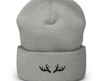 Embroidered Antler Beanie: Unisex Knit Winter Hat