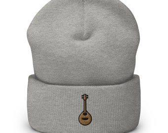 Folk Music Mandolin Instrument Embroidered Beanie, Handmade Cuffed Knit Unisex Slouchy Adult Winter Hat Cap Gift