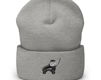 Winged Skates Roller Derby Skates Embroidered Beanie, Handmade Cuffed Knit Unisex Slouchy Adult Winter Hat Cap Gift