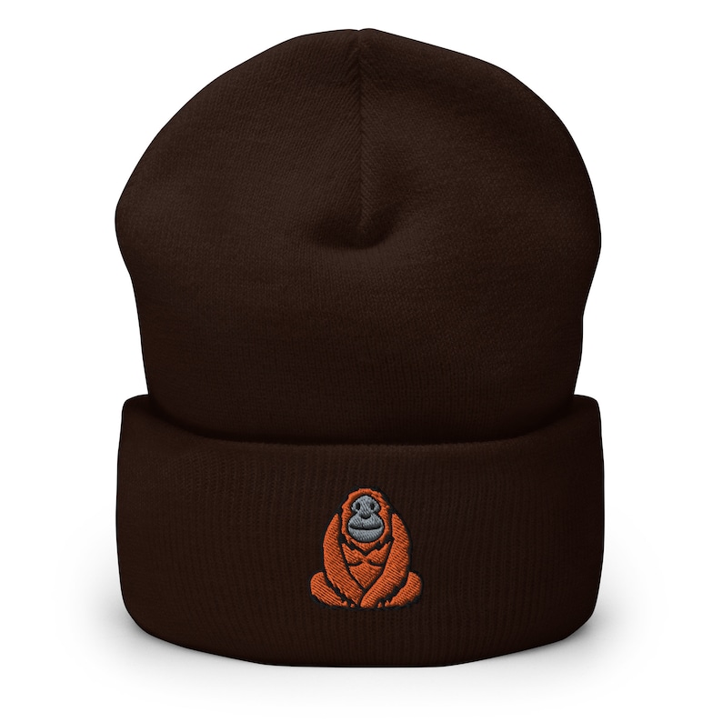 Orangutan Great Ape Great Ape Embroidered Beanie, Handmade Cuffed Knit Unisex Slouchy Adult Winter Hat Cap Gift Brown