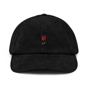 Rose Corduroy Hat, Handmade Embroidered Corduroy Dad Cap Multiple Colors Black