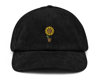 Sunflower Embroidered Corduroy Dad Hat, Handmade Corduroy Baseball Cap Gift - Multiple Colors