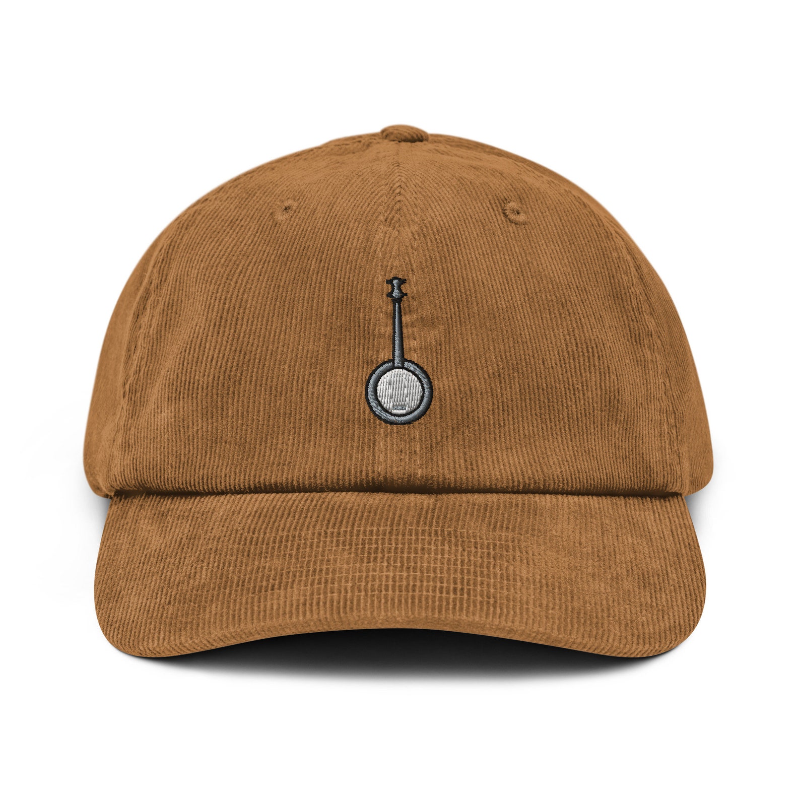 brown corduroy hat with a small banjo on it