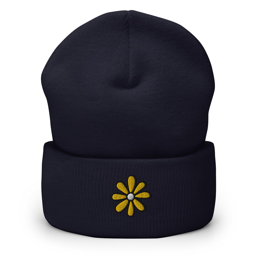 Daisy Flower Embroidered Beanie, Handmade Cuffed Knit Unisex