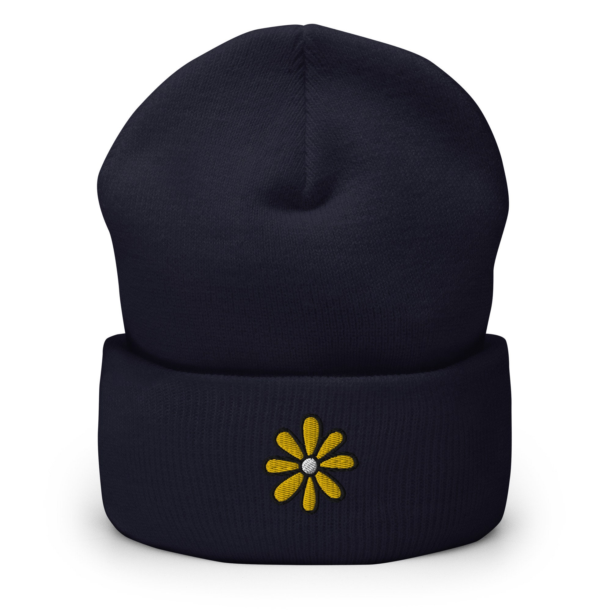 Daisy Flower Embroidered Beanie, Handmade Cuffed Knit Unisex