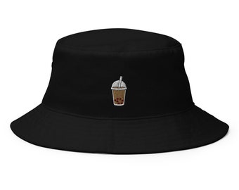 Boba Milk Tea Drink Embroidered Bucket Hat, Handmade Unisex Adult Cotton Sun Hat, Summer Hat Gift