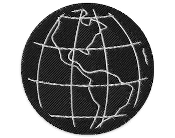 Écusson de la carte de la Terre : globe terrestre brodé en noir et blanc (3 pouces à repasser/à coudre)