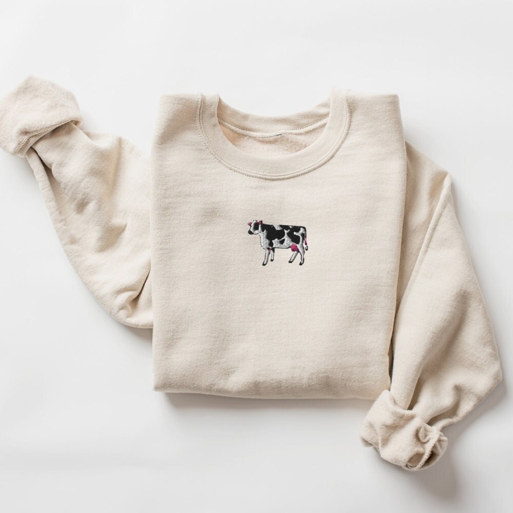 Embroidered Cow Sweatshirt Gift, Cow Lover Crewneck Sweater Gift, Farm Animal Sweatshirt, Cattle Lover Crewneck Sweater Gift Farm Animal