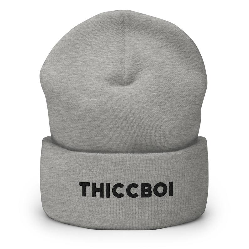 Thicc Boi Embroidered Beanie, Handmade Cuffed Knit Unisex Slouchy Adult Winter Hat Cap Gift Heather Grey
