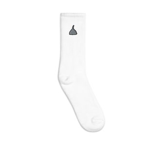 May include: White crew socks with a small gray embroidered design of a bell on the front.