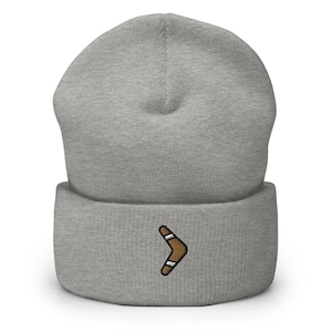 Throwing Stick Boomerang Embroidered Beanie, Handmade Cuffed Knit Unisex Slouchy Adult Winter Hat Cap Gift