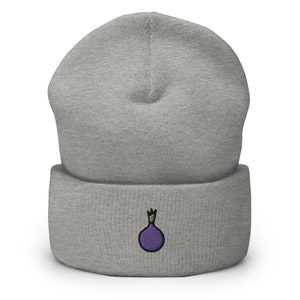 Onion Embroidered Beanie, Handmade Cuffed Knit Unisex Slouchy Adult Winter Hat Cap Gift