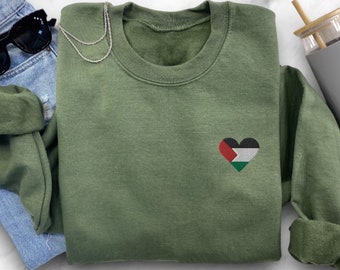 Palestine Flag Heart Sweatshirt Unisex Embroidered Cozy Soft Cotton Pullover Free Palestine Gaza Solidarity Cotton Sweater