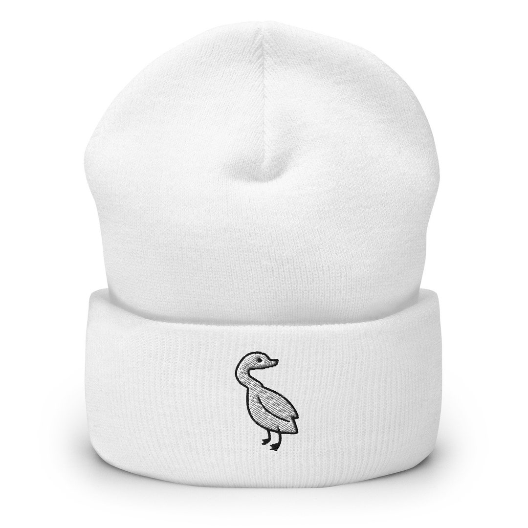 White Goose Embroidered Beanie, Handmade Cuffed Knit Unisex