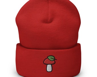 Mushroom Embroidered Beanie, Handmade Cuffed Knit Unisex Slouchy Adult Winter Hat Cap Gift