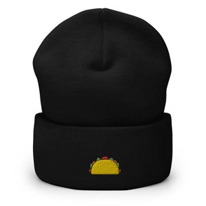 Taco Embroidered Beanie, Handmade Cuffed Knit Unisex Slouchy Adult Winter Hat Cap Gift
