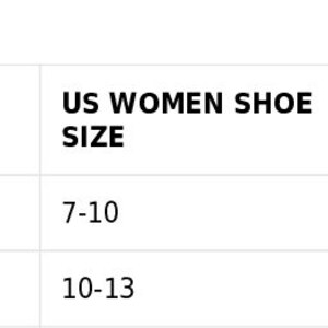 May include: Size guide for socks, showing US women's shoe sizes 7-10 and 10-13, and US men's shoe sizes 6-8 and 9-12.