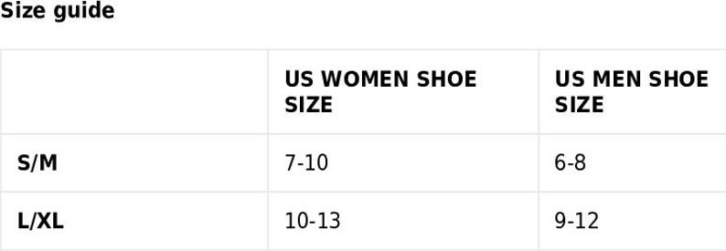 May include: Size guide for socks, showing US women's shoe sizes 7-10 and 10-13, and US men's shoe sizes 6-8 and 9-12.